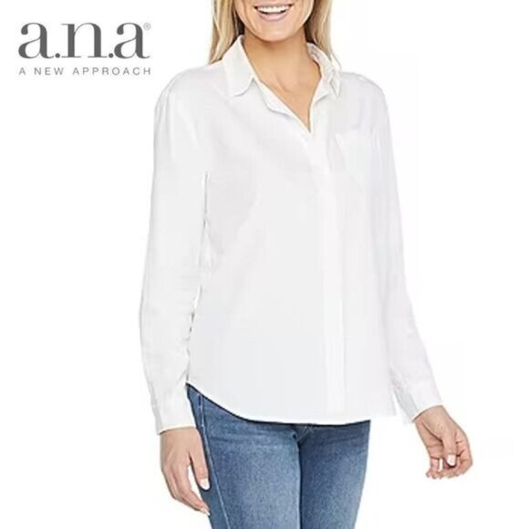 a.n.a Womens‎ White Long Sleeve Regular Fit Button-Down Shirt - Picture 1 of 7